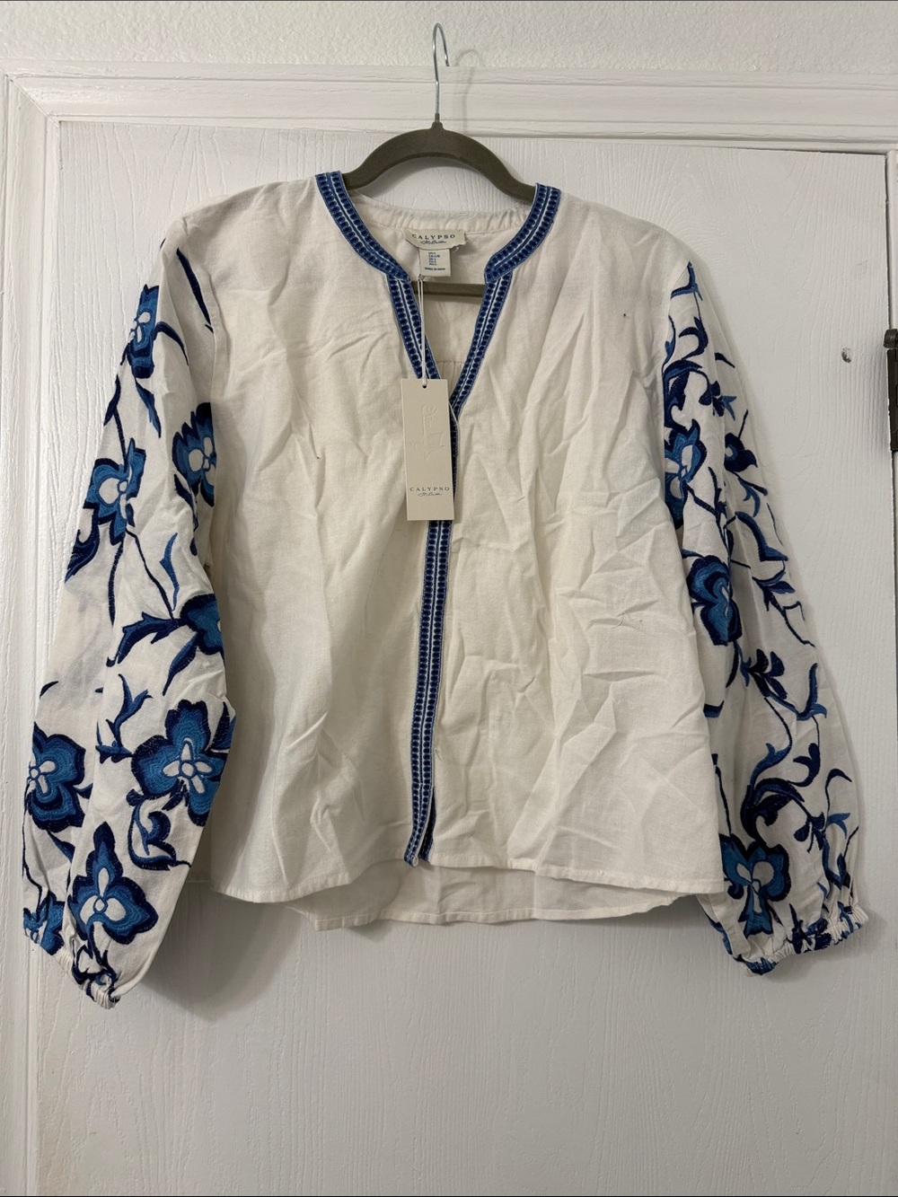 Calypso White Embroidered Peasant Blouse with Blue Floral Sleeves Linen Flax NWT